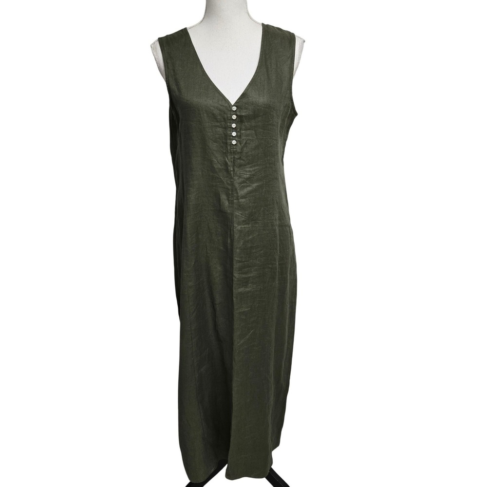 Petite Sophisticate 100% Linen Sleeveless V-Neck Maxi Dress Olive Green Size 12